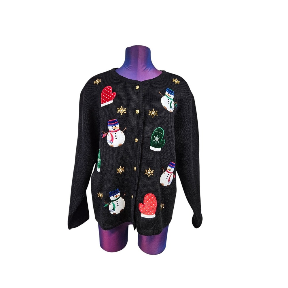 Crystal Kobe Black Button Front Ugly Christmas Cardigan Sweater Size Small E17